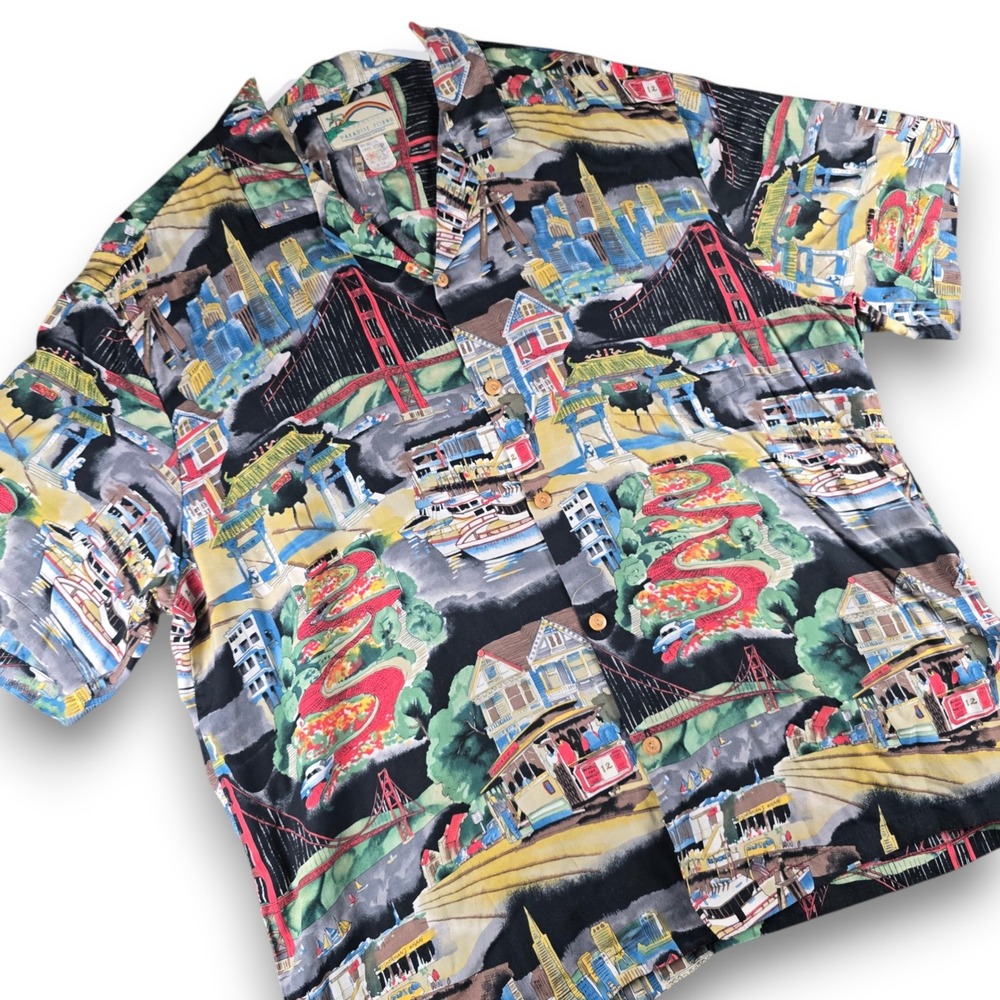 Paradise Found Mens XL San Francisco Postcard Rayon Shirt Hawaii Golden Gate
